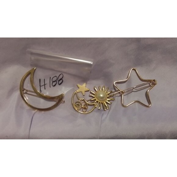 Crescent Moon Sun & Star Hair Clip Barrette Set Gold Tone Faux Pearl - Picture 4 of 4
